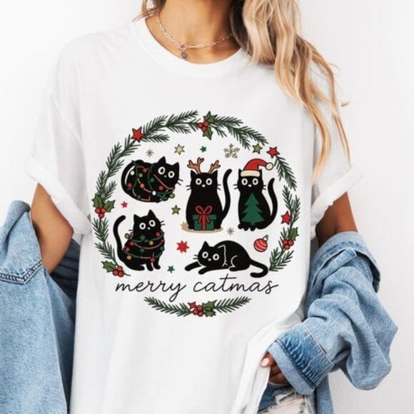 Tops - Merry Catmas Shirt, Funny Cat Christmas Tee, Cat Christmas Lights Meowy Tee